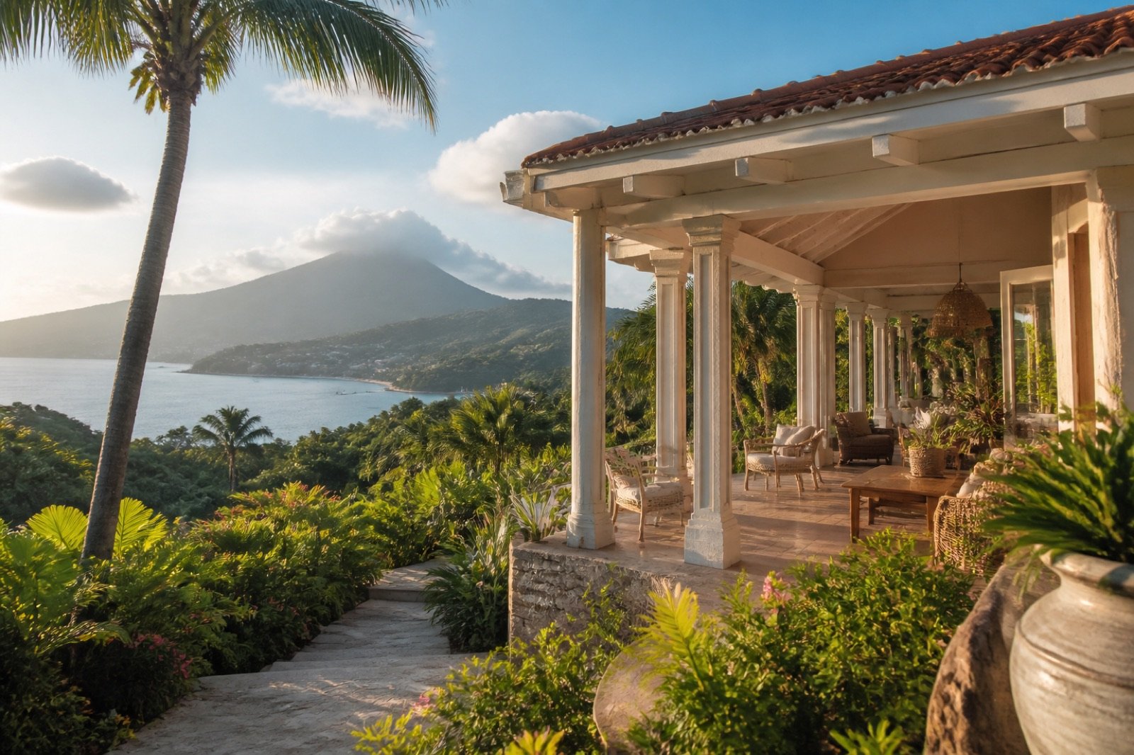 Hébergement tropical avec terrasse, mer et relief de Martinique
